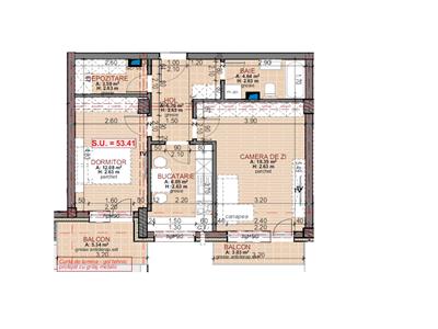 Apartament finisat decomandat cu 2 camere plus 2 balcoane. Su 53.41. Su balcoane 8,34 mp. Cluj-Napoca